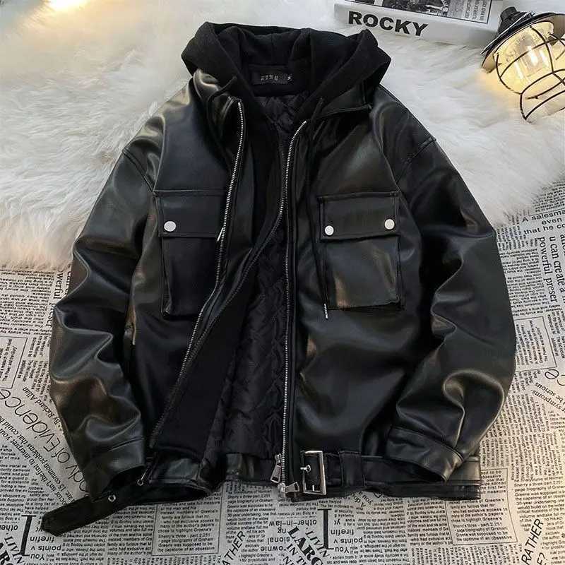 Pu Leather Mens Leather Jacket Street Fashion Hip Hop Vintage Hooded Leather Jacket Men Clothing Loose Casual Mens Jacket TopsT250311