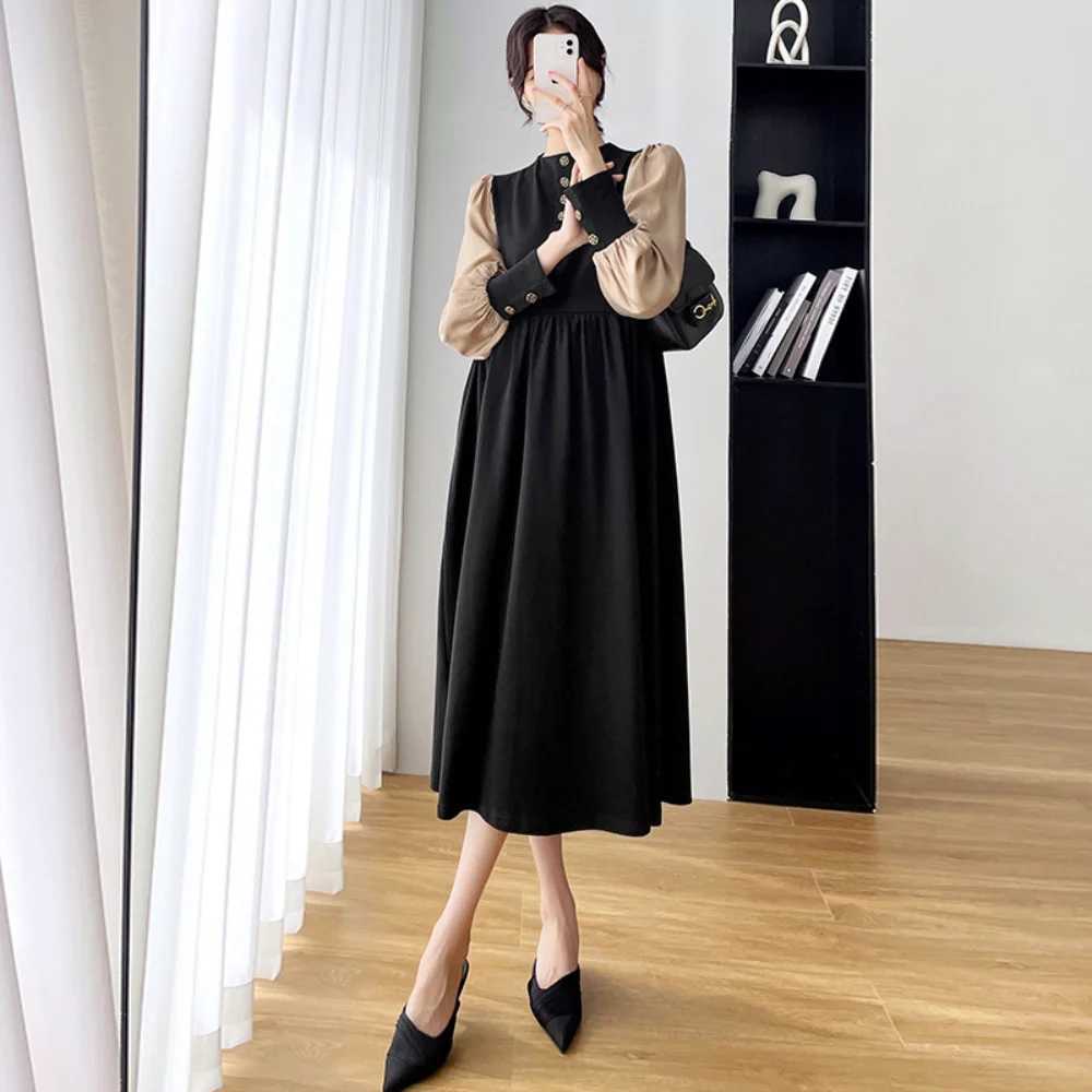 2023 Autumn maternity dress Elegant Fashion Button Dress pregnant women clothing Long Sleeve Patchwork Vestido de fotografiaT250311