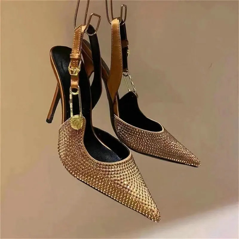 Bling Diamond High Heels Women Spring Pumps Pointy Head After Empty Sexy Metal Girl Temperament Baotou French Sandals 250310