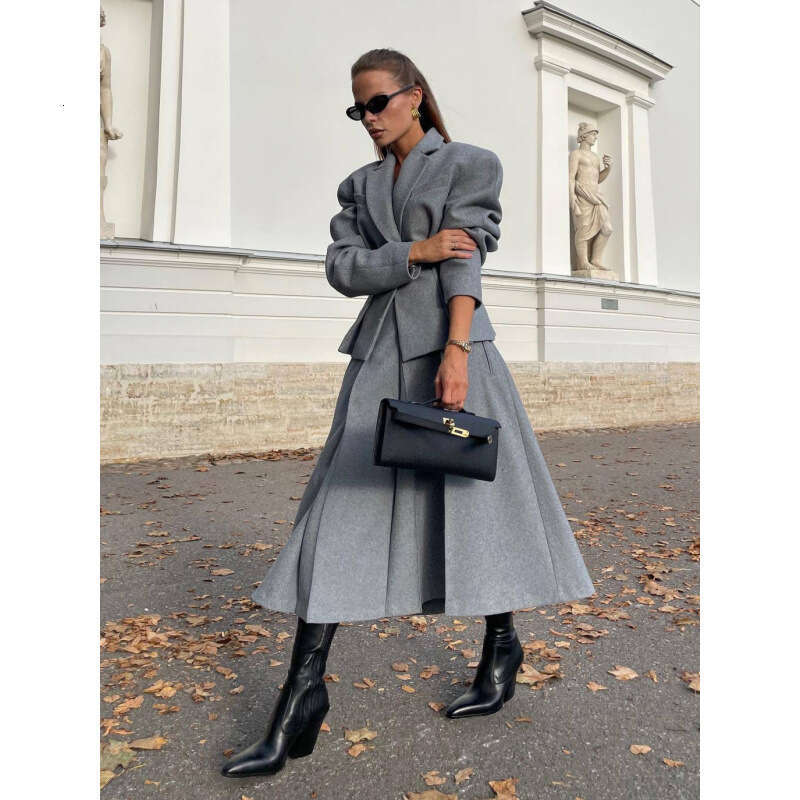 -Autumn And Winter New Fashionable Women's Waist Cinched Small Suit A-Line Length Half Skirt Two-Piece Set