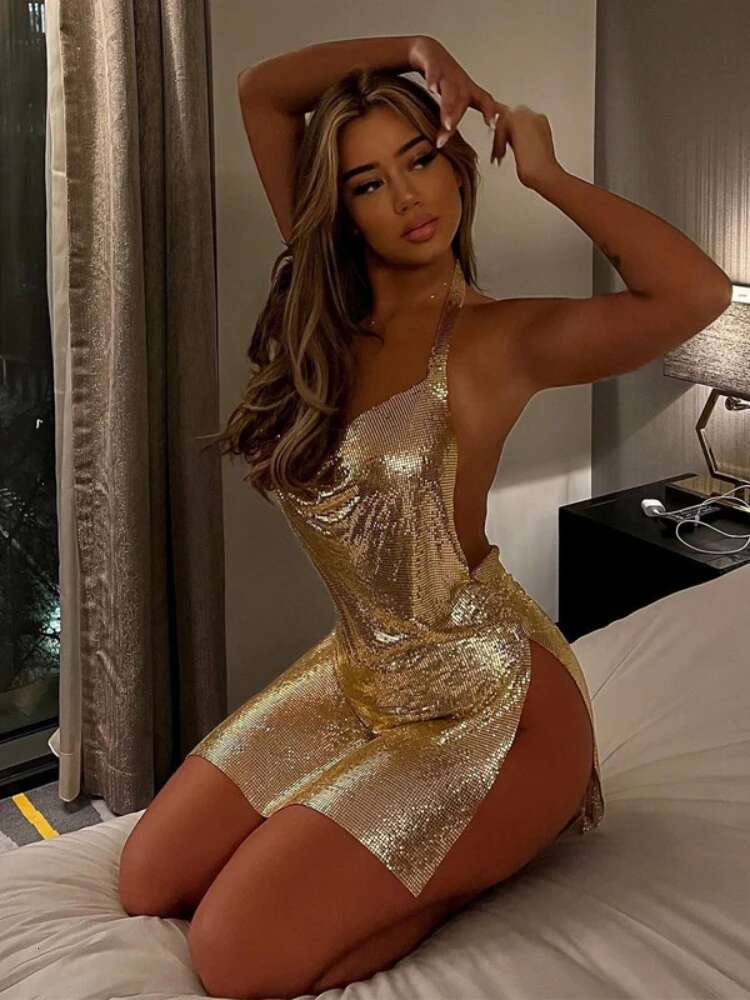 Sexy And Fashionable Women's Elegant Short With Hanging Neck Backless Bottom Chest Sequin Party Girl Dance Dress
