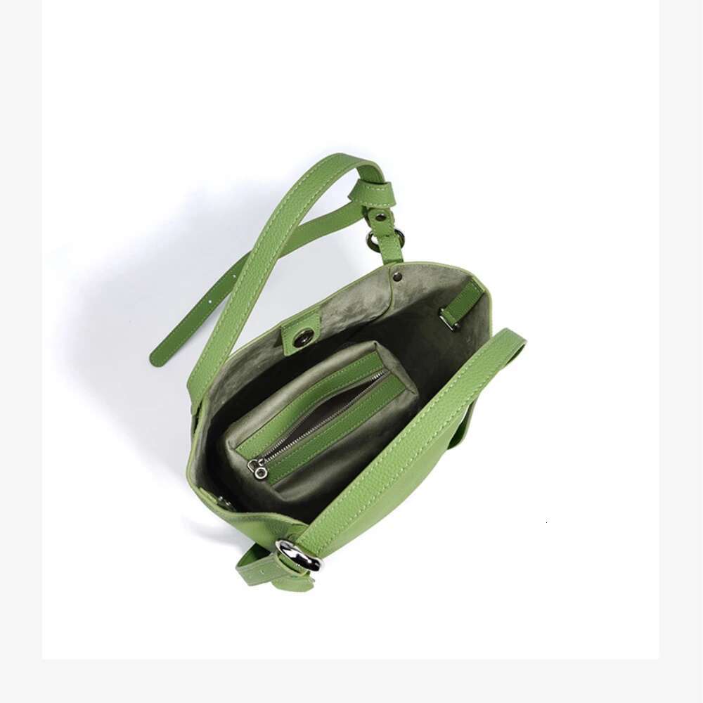 New 2025 Spring Summer Avocado Green Color Basket Shopper Tote Fashion Real Cow Leather Women Shoulder Bag Lazy Style Handbag