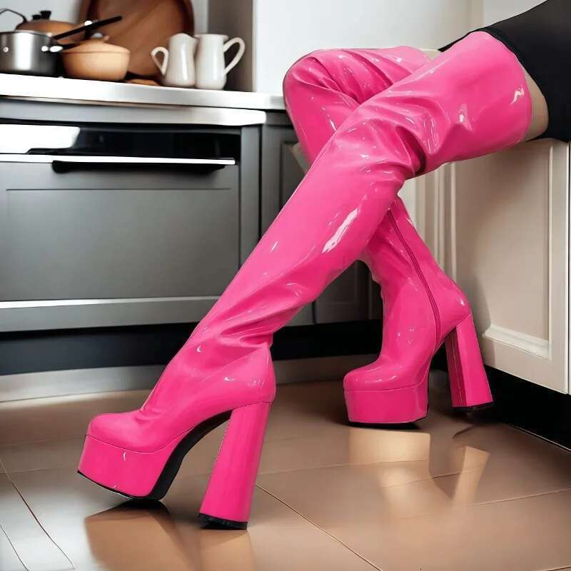 High Heel Over The Knee Waterproof Women S With European And American Sexy Patent Leather Super High Heels Platform Boots