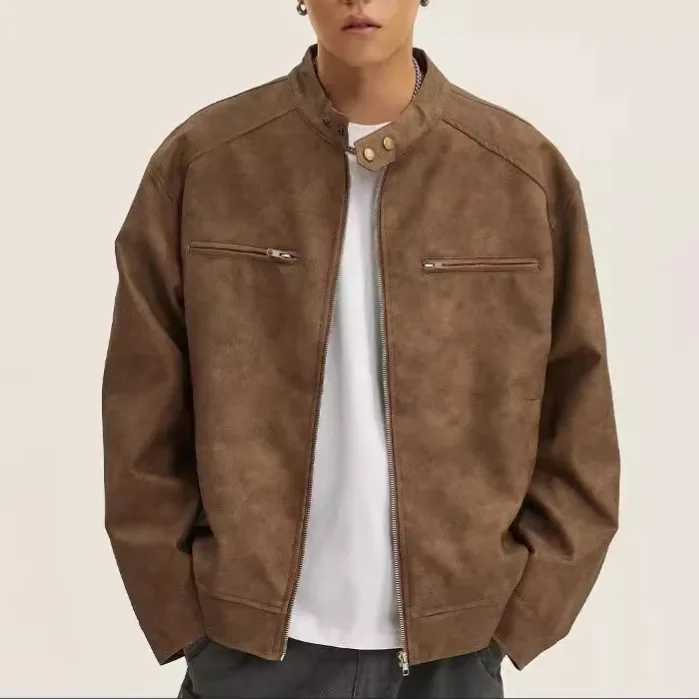 American Style Street Motorcycle Jacket For Men And Women 2024 Autumn New Loose Fit Casual Stand Collar Top Leather ClothingT250311
