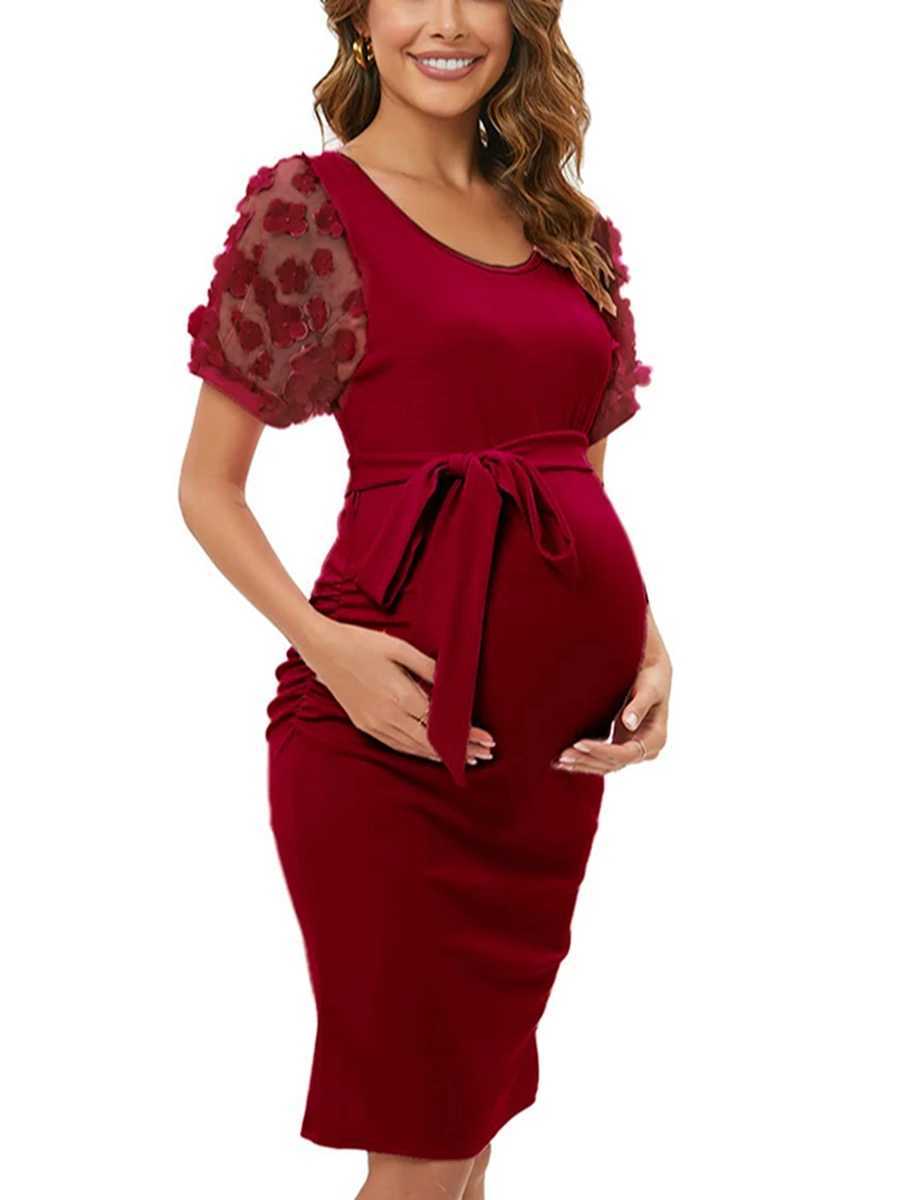 Pregnant Women Dress Flower Mesh Sheer Short Sleeve Crew Neck Slim Midi Dress Summer Casual Maternity Dress X250224