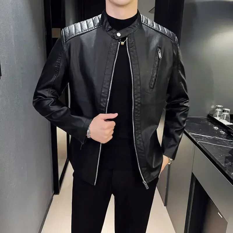 Mens Motorcycle Leather Jacket Male Spring Autumn Casual Stand Collar Solid Color White Black Leather Jacket Zip Up PU CoatT250311