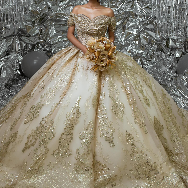 Champagne Shiny Off Shoulder Quinceanera Dresses Sequin Applique Lace Beading Tull Corset Party Birthday Sweet 16 Dress Vestidos 15 De