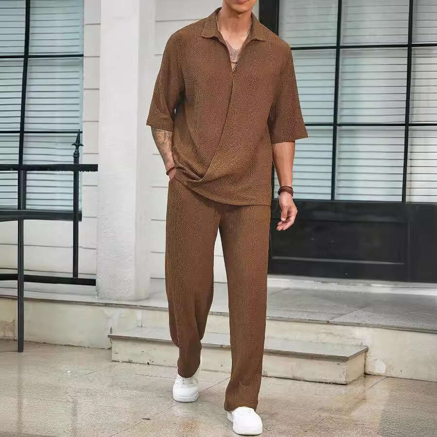 European American commuting shirt solid color short sleeved pants men's two-piece casual suit 2025 new style chic and elegant clothing