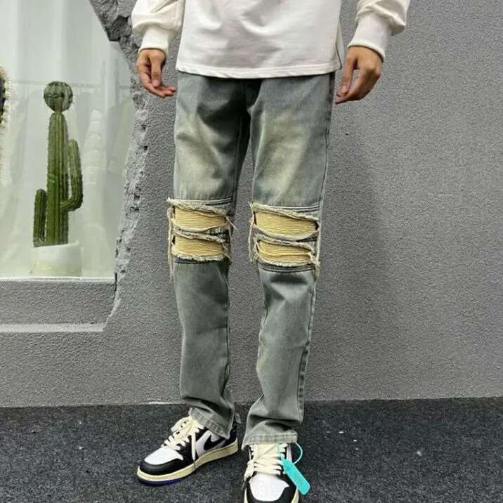 Men s Worn out Jeans For Spring And Summer 2025 Casual And Loose Fashion Designer Korean Zipper Wide Leg Beggar Work Pants Retro Pure Cotton Pants Cas