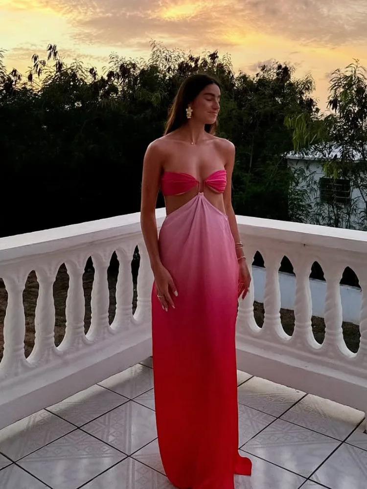 Unique Women Fade Chest Wrapped Satin Long Dress Fashion Sleeveless Backless Straps Cropped Robe Summer Lady Party Wear 250311