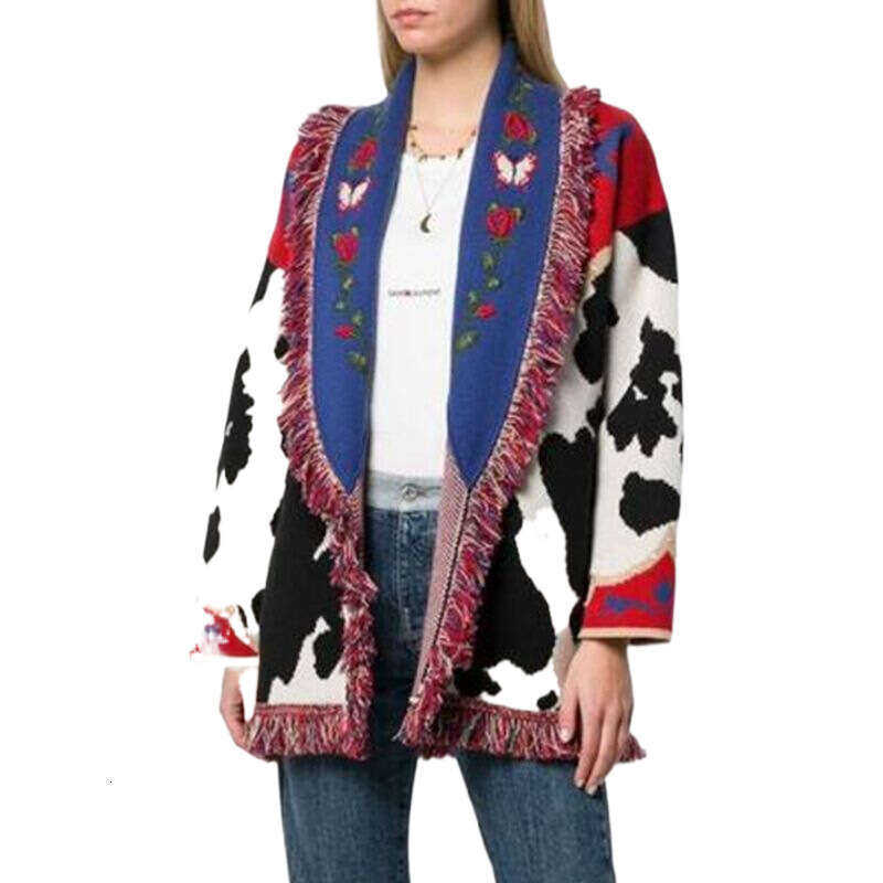 Ethnic Style Women's Wool Blended Embroidered Sweater Jacket Loose, Medium To Long Cow Jacquard Cardigan