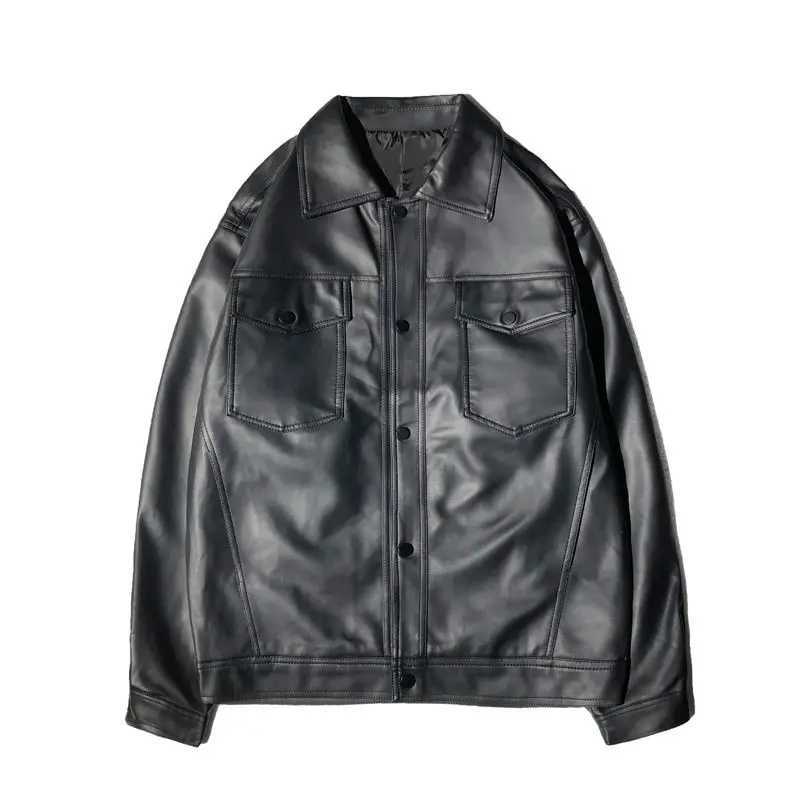Mens Autumn Winter Fashion Simple Solid Color Polo Button Pocket Casual Versatile Long Sleeve Loose Leather Jacket CoatT250311