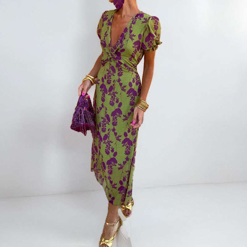 Women's 2025 Fashion Folded Printed Long Skirt Elegant Slimming V-Neck Short Sleeve Dress KLMY