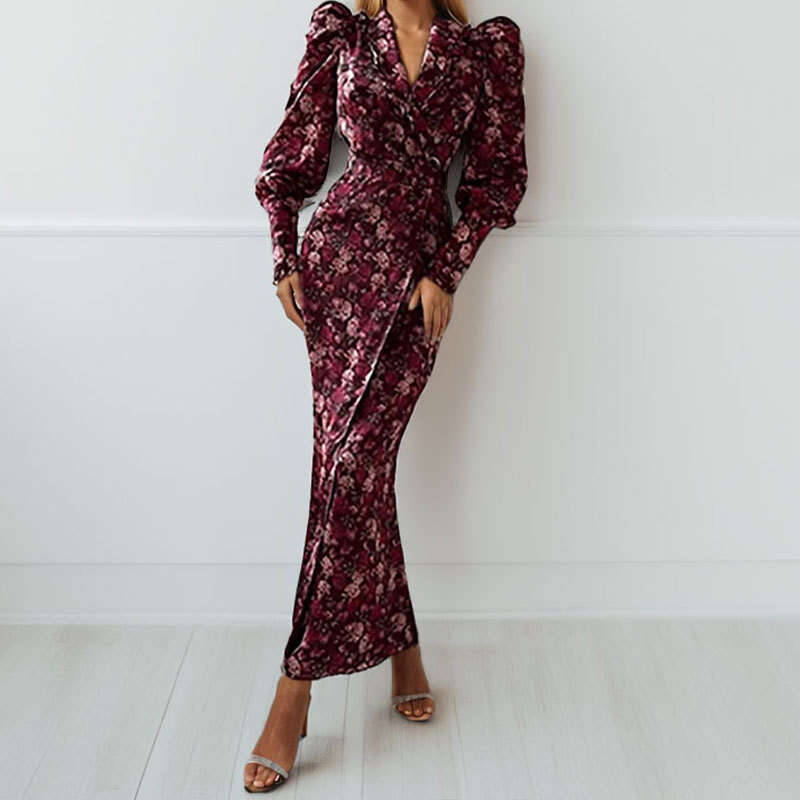 Women's 2025 Printed Waist Cinching V-Neck Slit Sexy Sleeved Dress Long Skirt KLMY