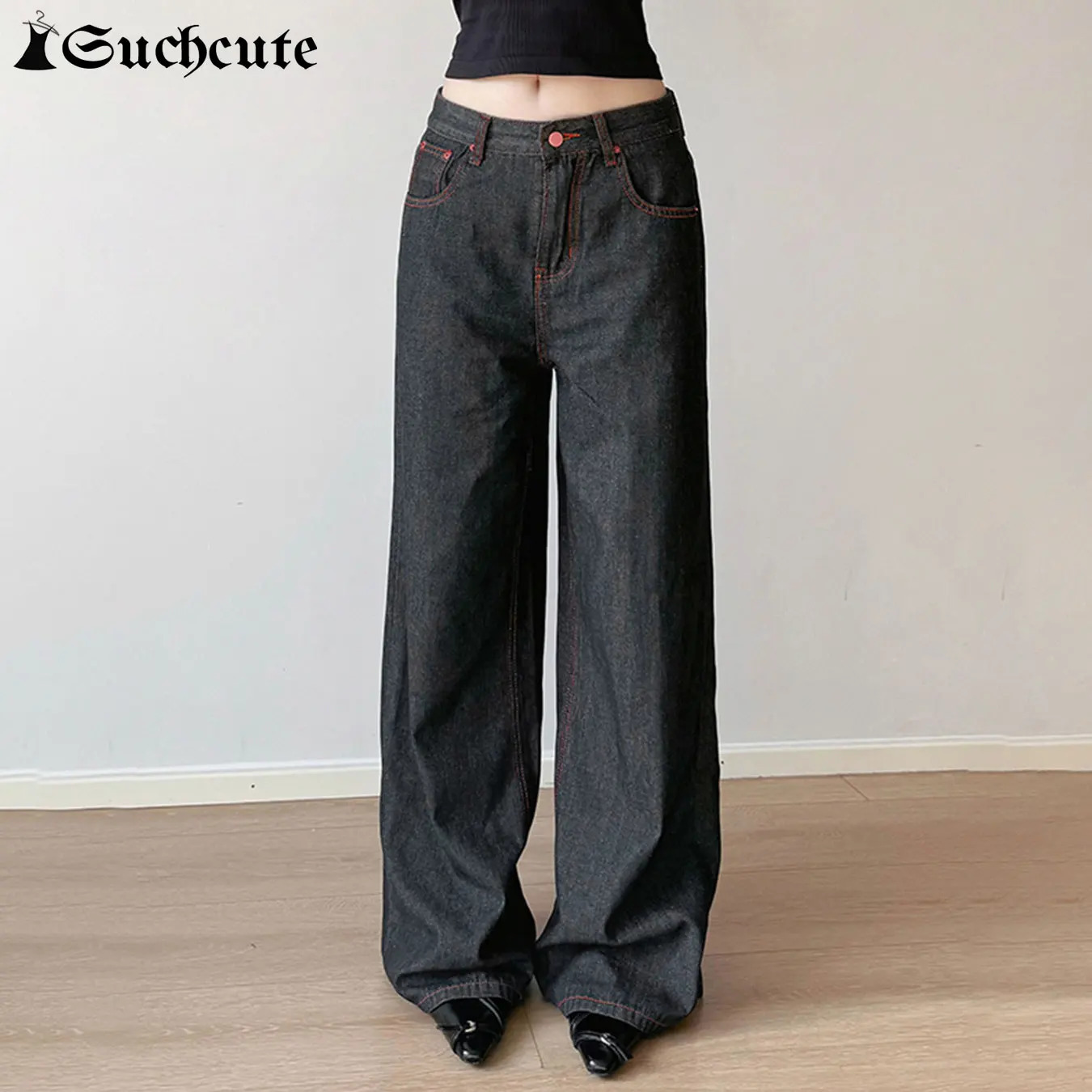 SUCHCUTE ed Denim Wide Leg Pants High Street Low Waist Trousers Y2k Aesthetic 2000s Jeans Streetwear Casual Baggy 250311