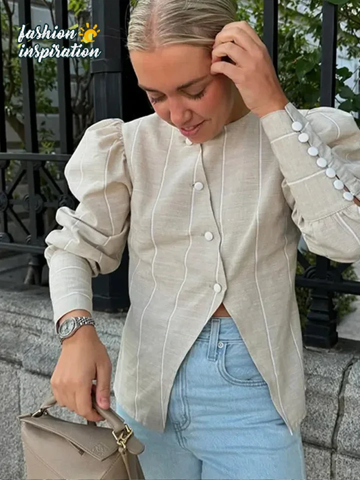 Fashion Round Neck Contrast Singlebreasted Blouse Woman Elegant Puff Sleeve 3d Irregular Shirts Female Lady Spring Commute Tops 250311