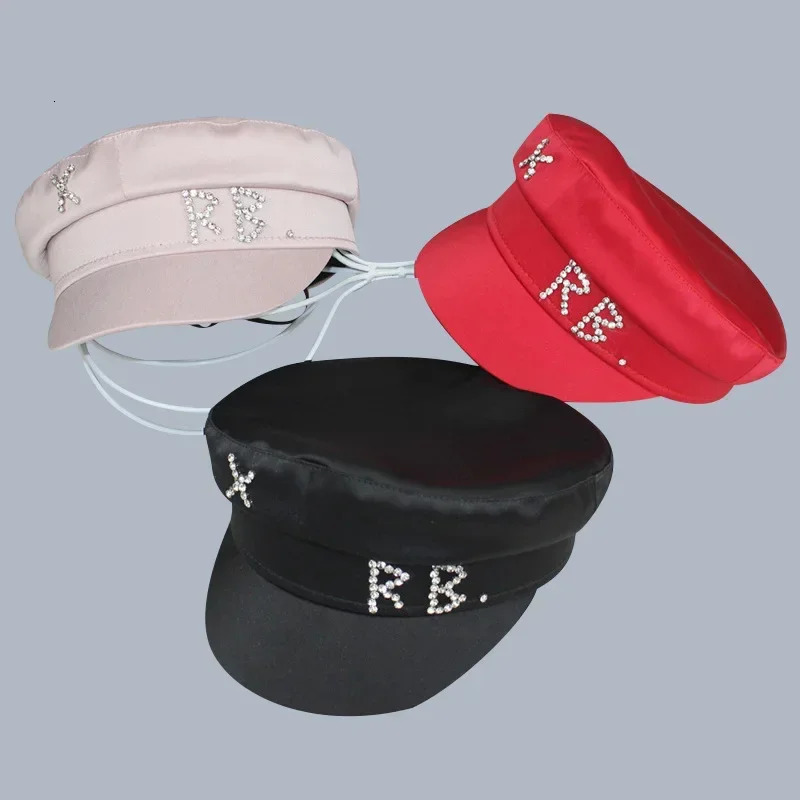 RB Beret Womens Version Fashion Rhinestone Short Brim Duckbill Hat Spring Silk Satin Glossy Flat Top sboy Hat 250311