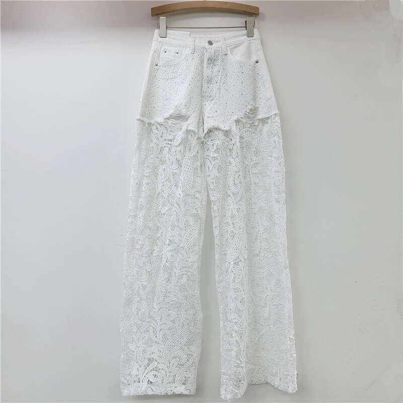 Pink Lace Splicing Heavy-Duty Hot Stamping Wide For Women 2024, With High Waist Slimming Effect, And A High-End Straight Leg Casual Pants