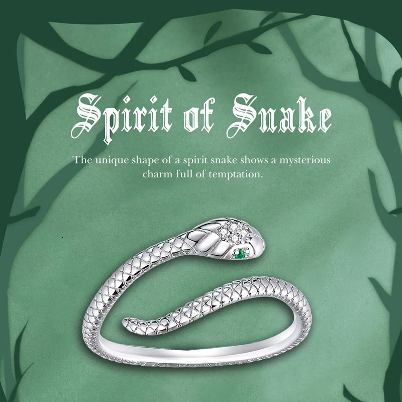 925 Sterling Silver Platinum Plated Adjustable Ring Green Zircon Retro Textures Snake Fashion Jewelry 4 Colors 250213
