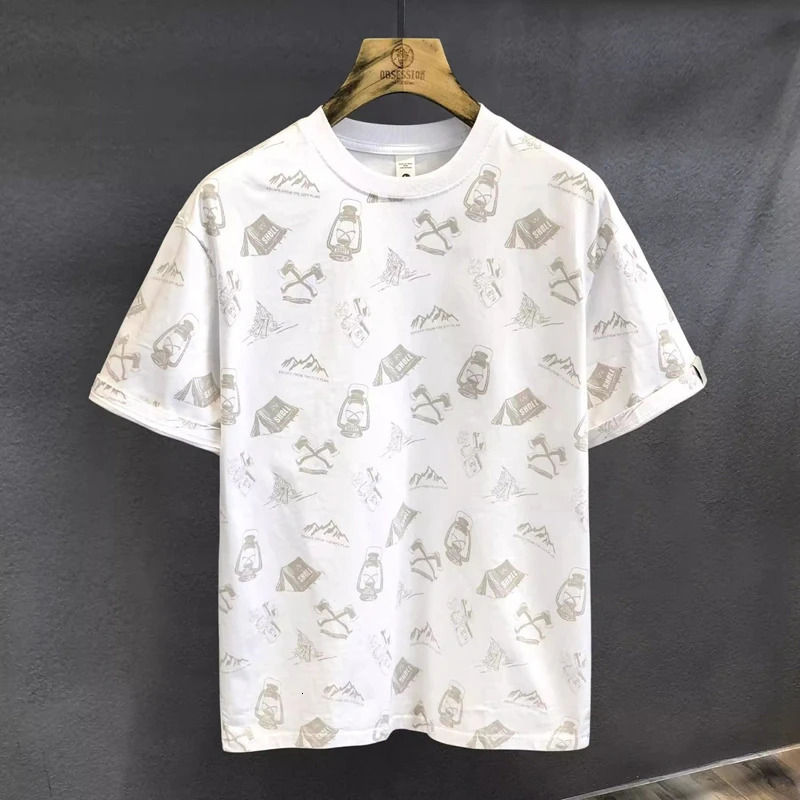 Summer Men Trendy Vintage Print Casual Streetwear Y2K Tees Harajuku Short Sleeve Loose T-shirt O Neck Cotton Basic Tops Clothing 250310