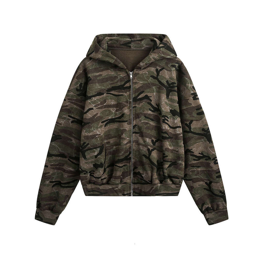 Jiayiku Men's 2025 Spring New American Street Camouflage Jacket Couple's Cardigan Zipper Hoodie