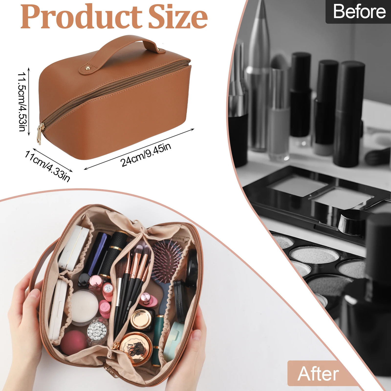 Travel makeup bag with divider and handle portable PU leather waterproof toilet large capacity womens 250311