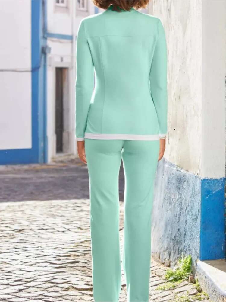 2 Piece Outfit Winter Fall Fashion O-Neck Long Sleeve Zipper Top Coat Elegant Straight Pant Set Women Sports Clothing