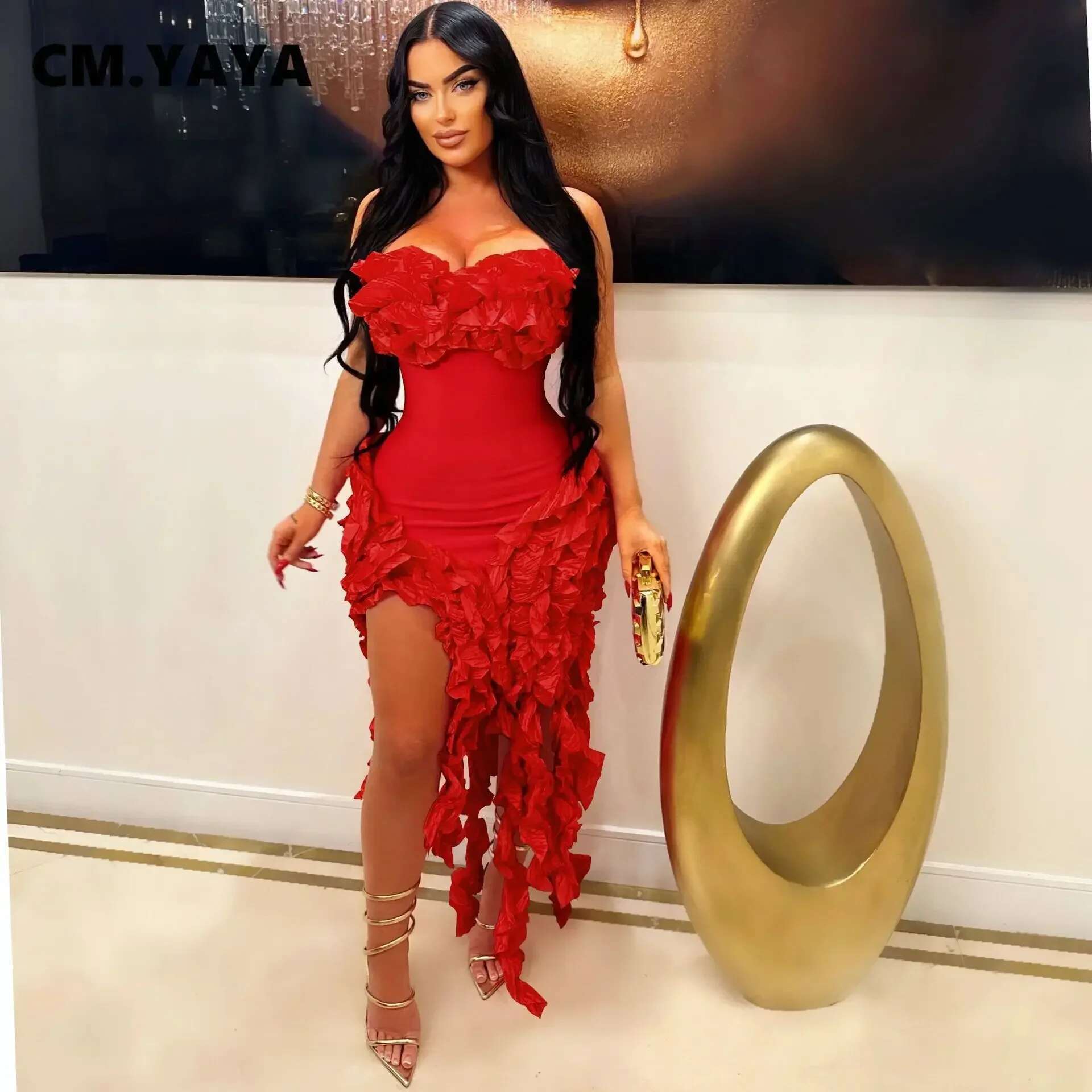 Cm.Yaya Women Strapless Ruffles Tassel Splicing Irregular Birthday Bodycon Long Maxi Dress 2024 Even Sexy Party Dresses Vestidos