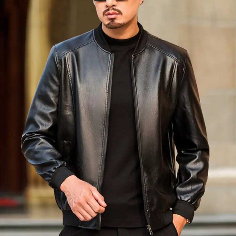 Men Jackets Coat Warm Plush Lining Stand Collar Leather Jacket Bomber Motorcycle Jacket Biker PU Baseball Jacket Men OuterwearT250311