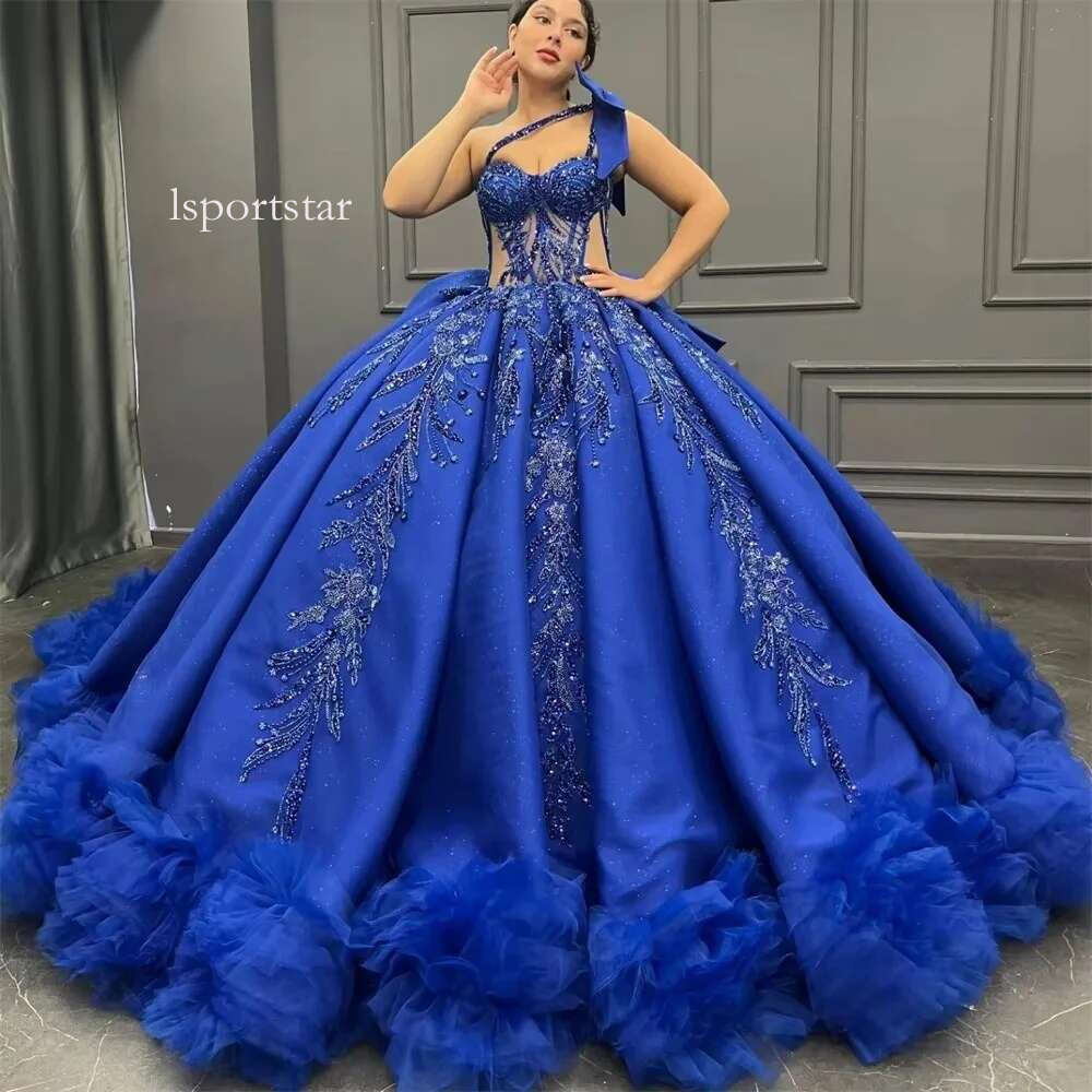 Fancy King Blue One Shoulder 15 Prom Quinceanera Dresses 2025 Beaded Appliques Ball Gown Ruched Train Birthday Party Dress