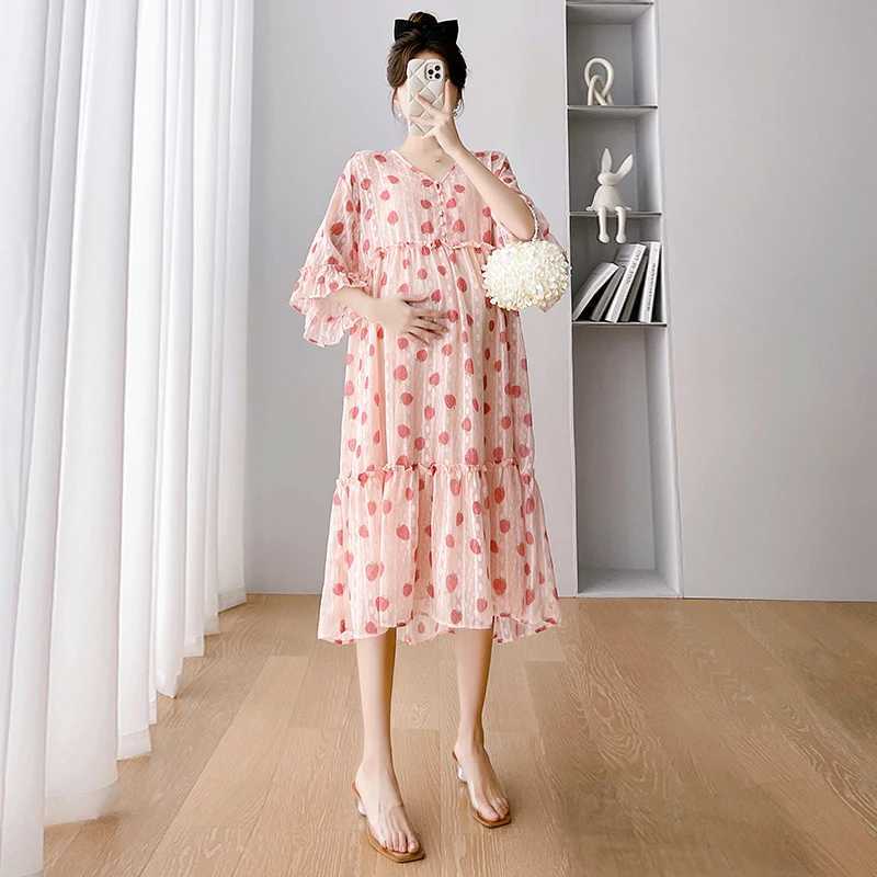 2025 Summer Plus Size Pregnant Womens Dresses Half Flare Sleeve Sweet Ruffles Patchwork Maternity Dobby Dress Pregnancy ClothesT250311