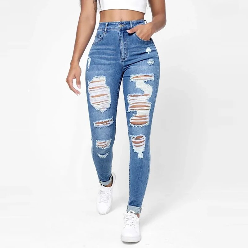 Ripped Holes Casual Skinny Jeans Autumn Slash Pockets Distressed SingleBreasted Button Mid Waist Denim Pants 250311