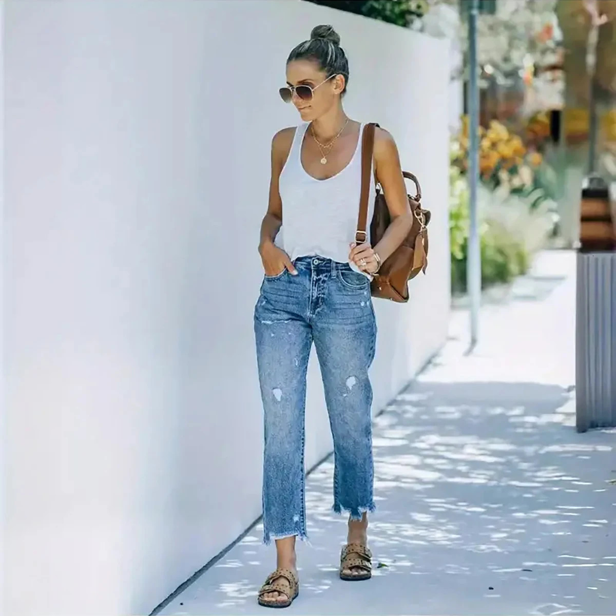 Womens selling midwaist straight pants washed casual ripped jeans 250311