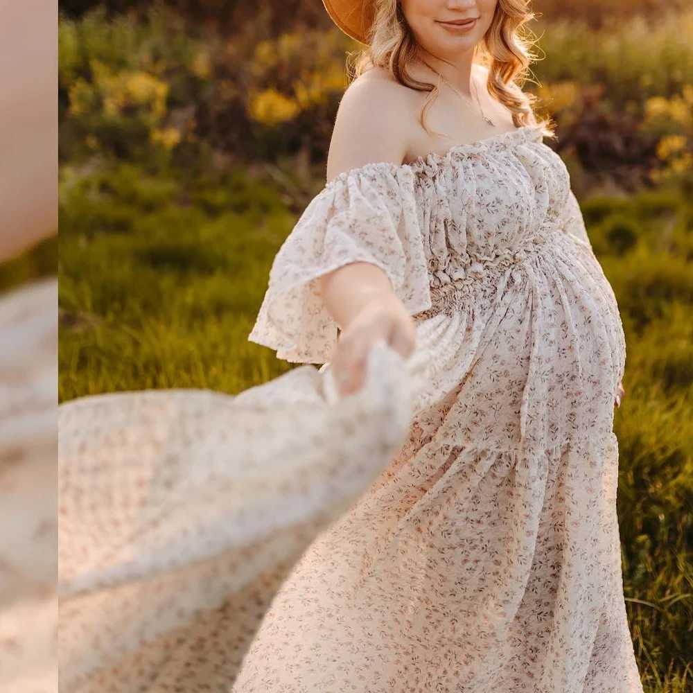 Photoshoot womens floral chiffon two-piece long sleeved and short sleeved baby shower top of the line maternity dress X250224
