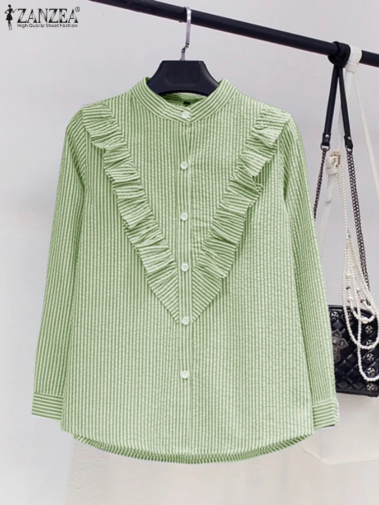 ZANZEA Women Stand Neck Long Sleeve Work Shirt Spring Striped Blouse Elegant Ruffles Tops Tunic Fashion Buttons Down Blouses 250311