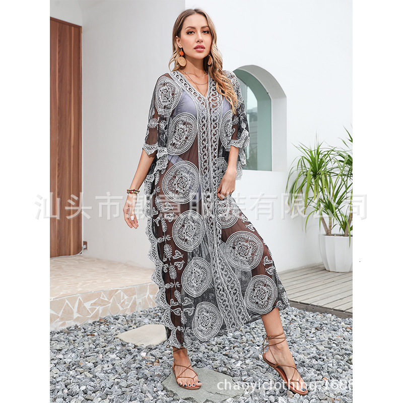 New Summer Women's Water Soluble Lace Sexy Hollow Perspective Loose Beach Bikini Overcover
