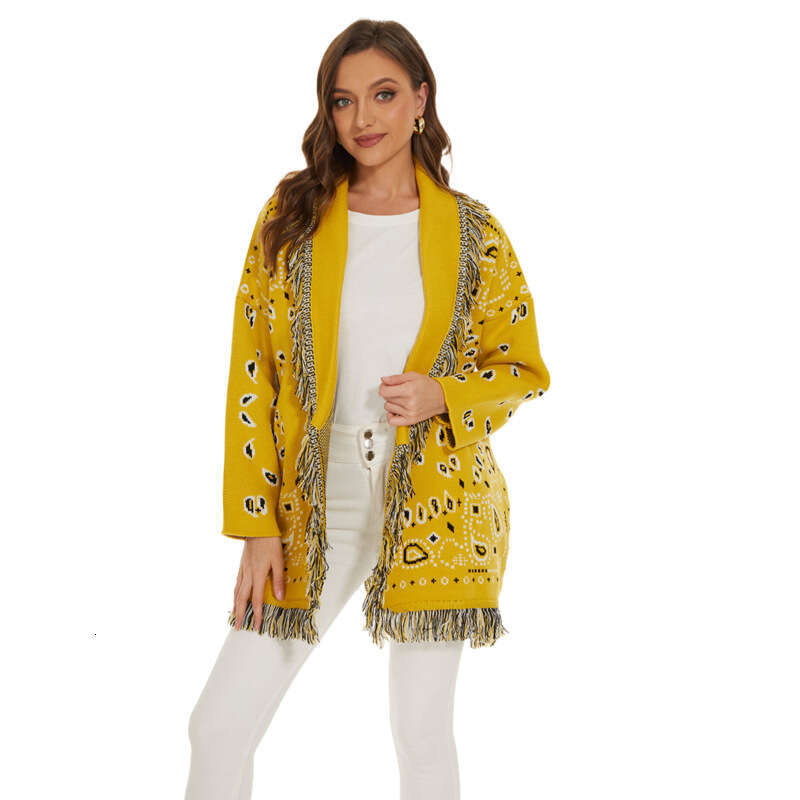 Autumn And Winter New Bohemian Sweater Jacket, Niche Dopamine Yellow Jacquard Wool Tassel Cardigan For Women