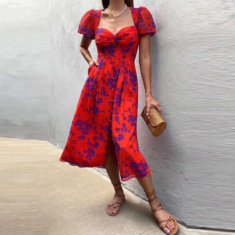 Women's New Style Temperament Printed Sexy Slit Bubble Sleeves High Waisted Winter Dress For Women 661 KLMY