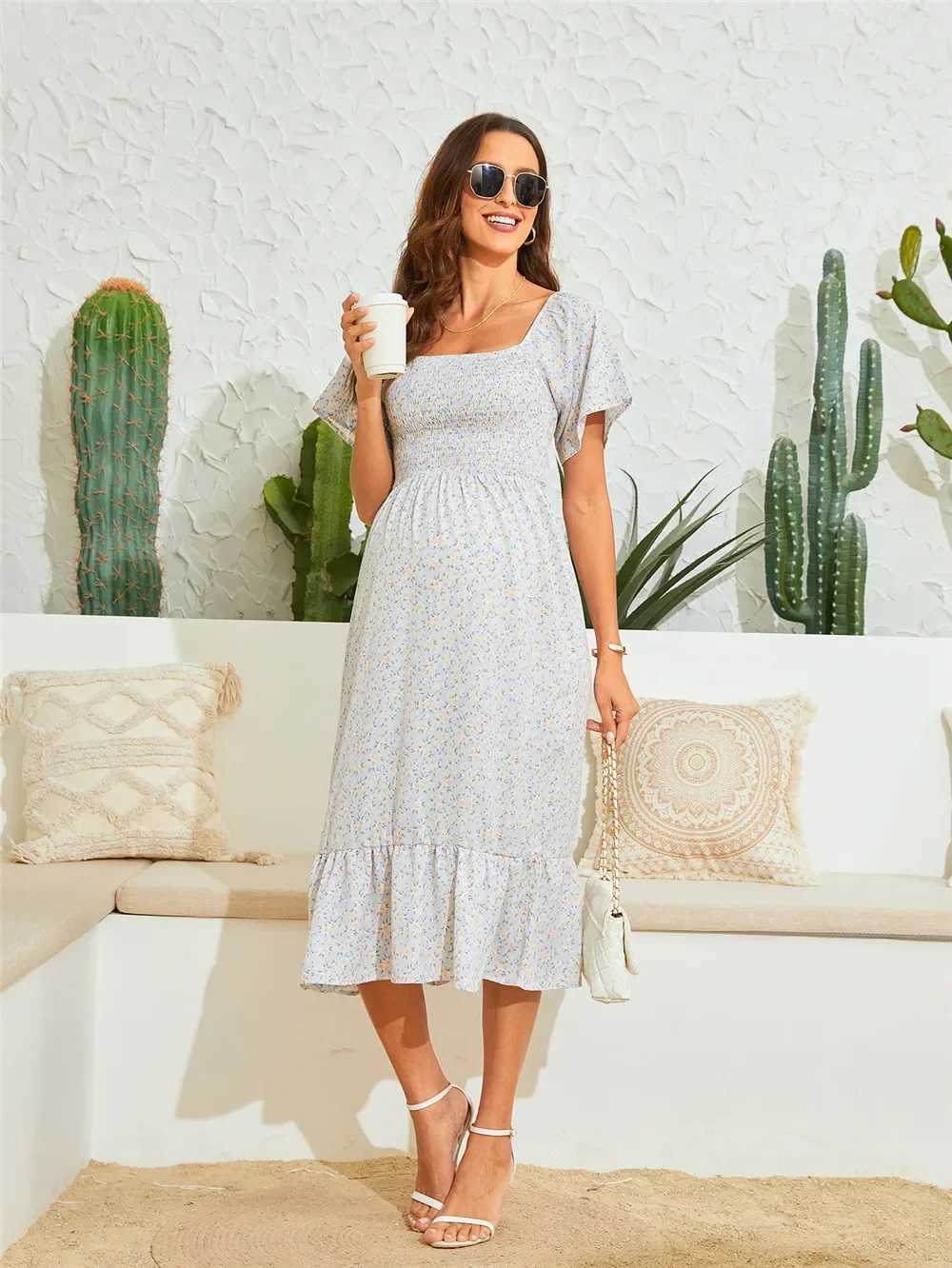 Summer Floral Maternity Chiffon Dress Casual Long Pregnancy Photoshoot Dress For Pregnant Women Short Sleeve Photography ClothesT250311