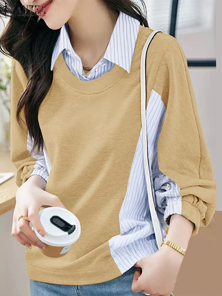 ZANZEA Womens Sweatshirts Spring Casual Stripe Shirt Two Pieces Tops Elegant Long Sleeve Patchwork Blouse Female Work Blouses 250311