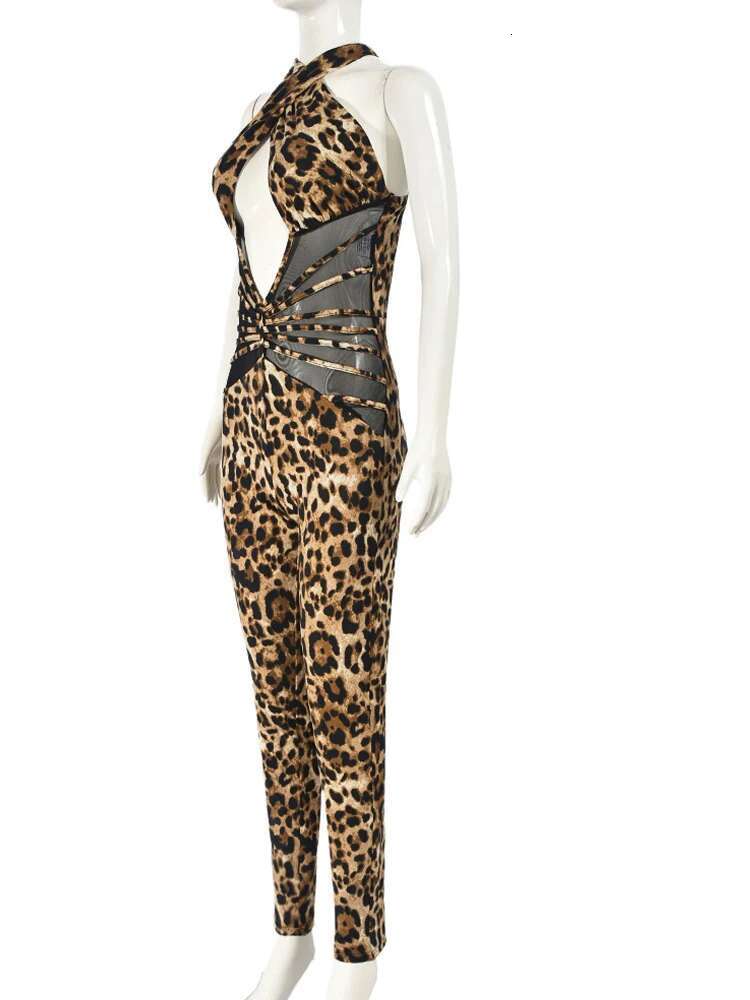 Beyprern Wild Cut-Out Leopard Print Corset Jumpsuit Fiess Rompers One Piece Outfits Womens Mesh Patchwork Long Pants Overalls