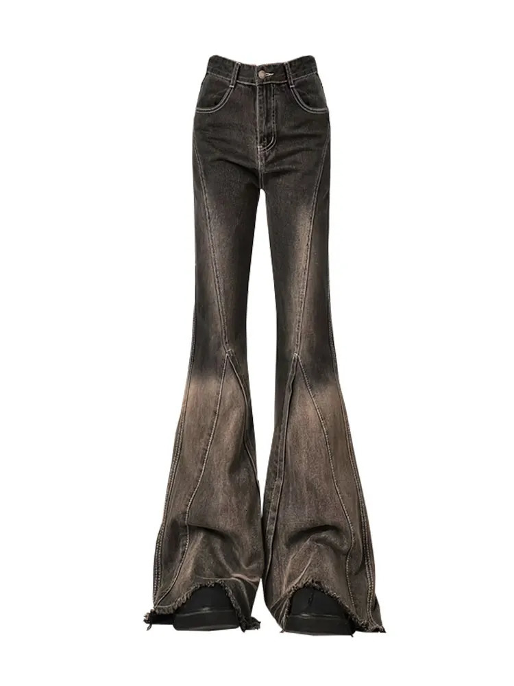Womens Brown Black Flare Jeans Vintage Y2k 90s Aesthetic Baggy Denim Trousers Emo 2000s Harajuku Wide Cowboy Pants Trashy Clothes 250306