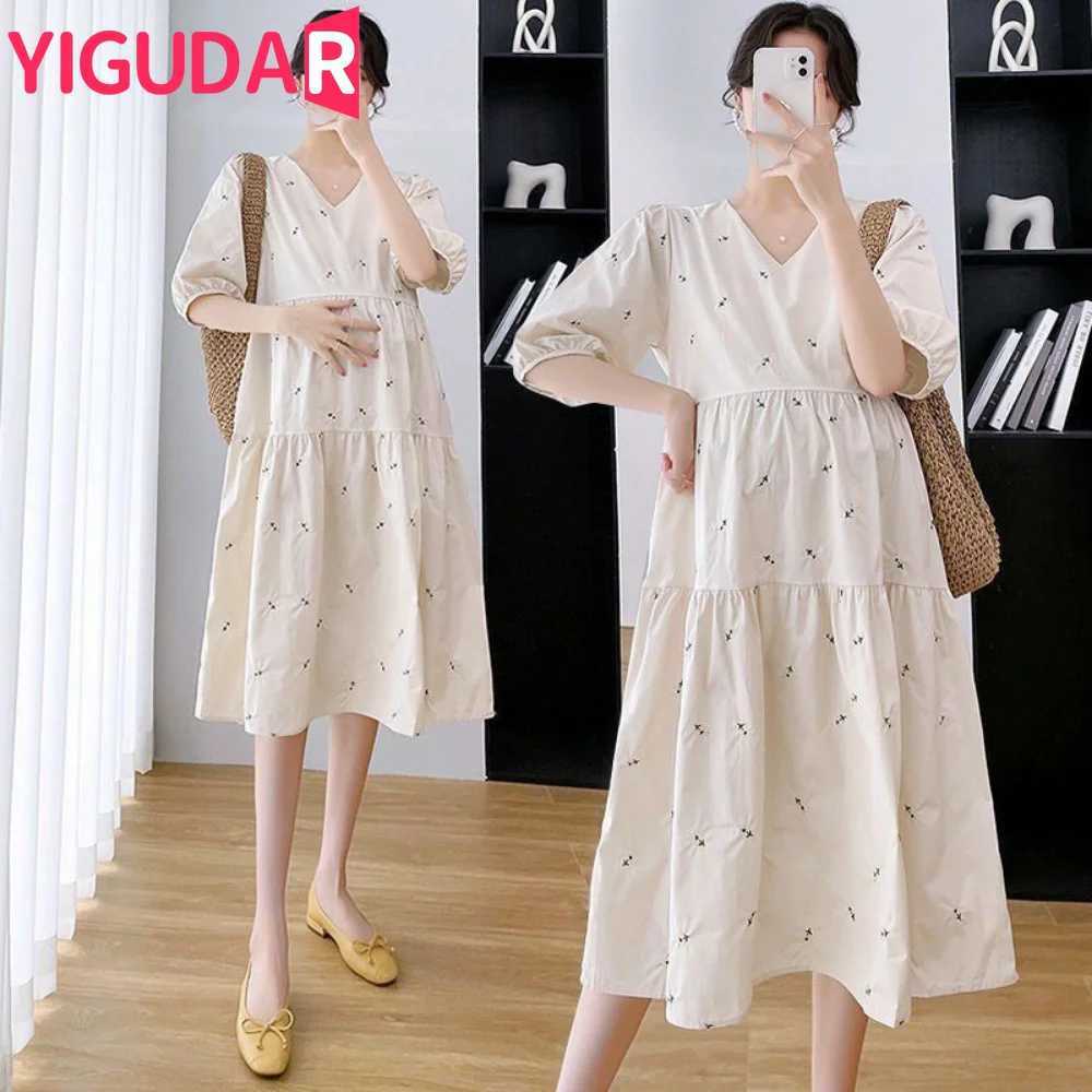 2023 Summer Korean Fashion Maternity Long Dress Elegant Party A Line Short SleeveClothes for Pregnant Women Ins PregnancyT250311