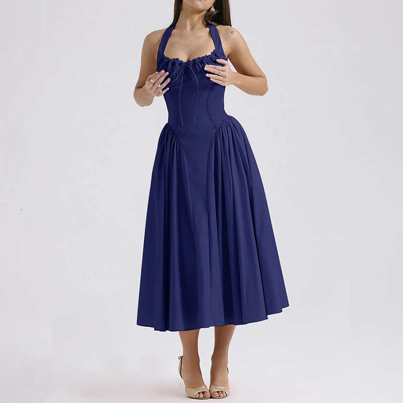 2025 Spring New Women's With Elegant Style, Hanging Neck Strap, Open Back Sleeveless Dress KLMY