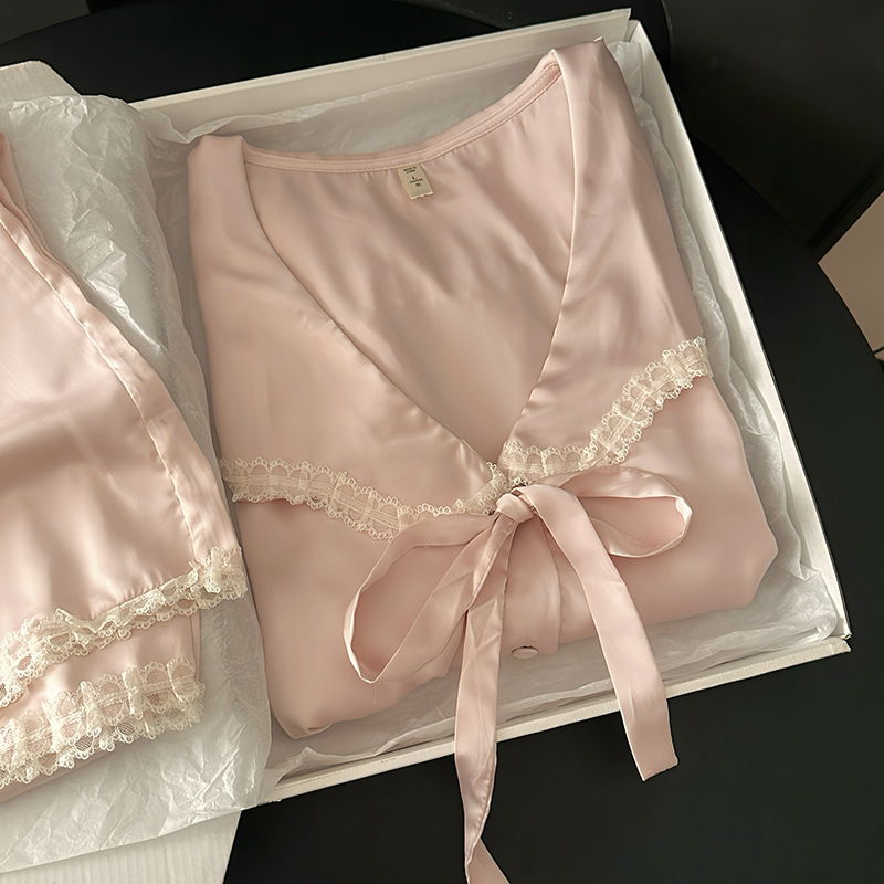 Women's Sleepwear Spring Women Satin Silk Pajama Set V Neck Loose Sleepwear Pyjamas Nightgown Female Loungewear Home Suit