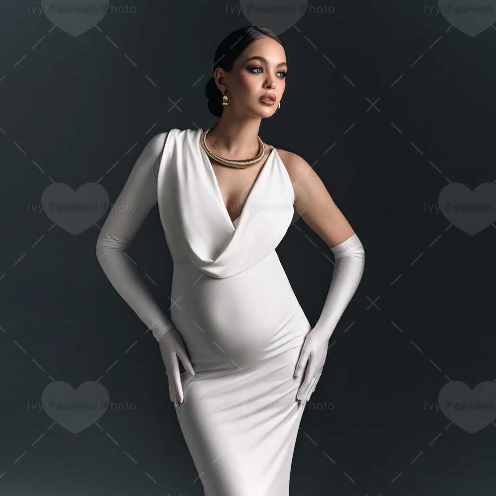 Photo shoot Pregnant womens party dress with solid color single shoulder slim fit elastic fabric X250224