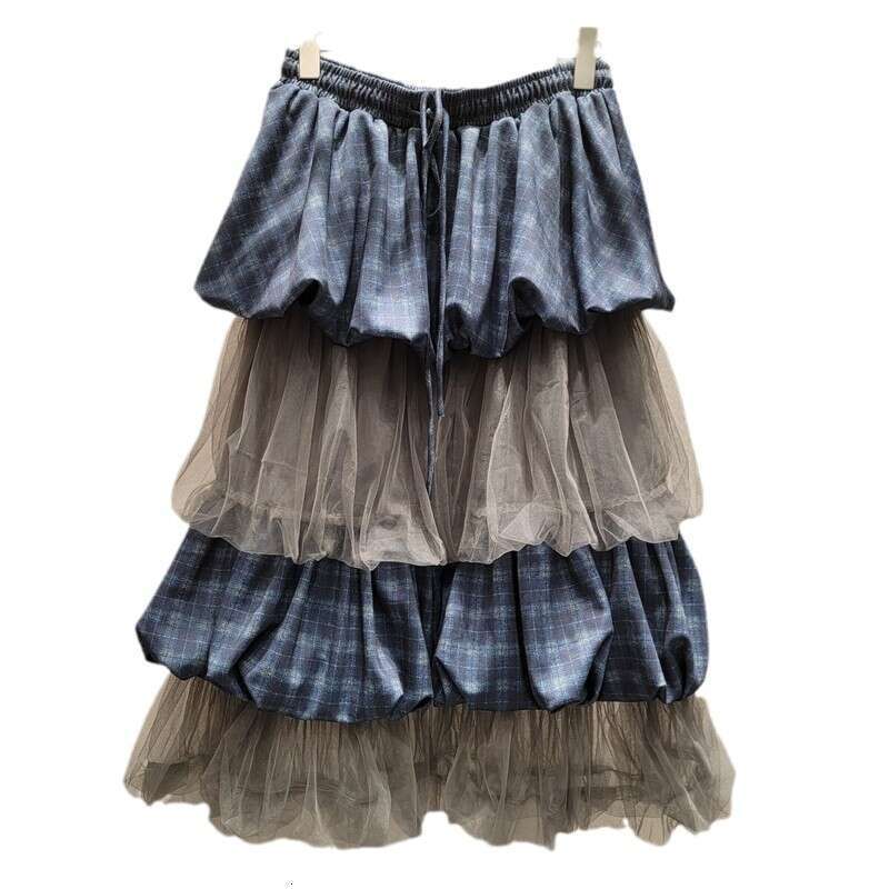 2024 Autumn New Niche Personality Sweet Girl Mesh Patchwork Grid Design Mid Cake Half Length Skirt