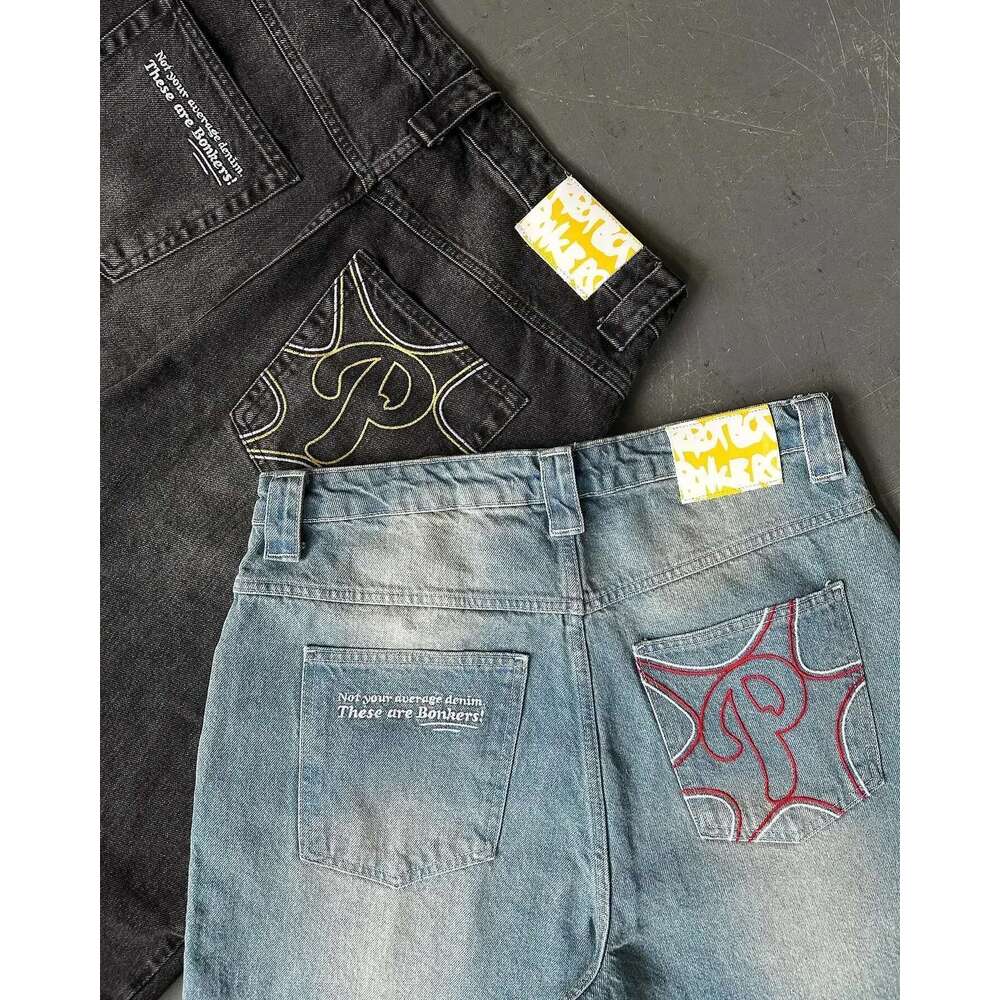 Jeans Jeans PROTECT Streetwear Y2k Mens Pants Haruku Hip Hop Letter Embroidery Vintage Blue Baggy Jeans High Waist Wide Leg Trouser