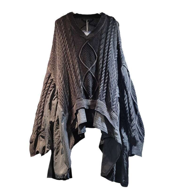 Personalized Distressed Fried Dough Twists Knitting Stitching Ruffle Large Loose Bat V-Neck Long Sleeve Sweater For Women In Spring And Autumn
