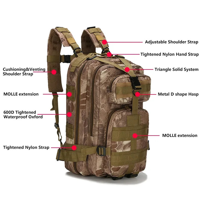 Mens Classic Tactical Backpack Travel Sports Camouflage Bag Outdoor Climbing Hunting Backpack Fishing Hiking Nylon 3P Pack Bag 250305
